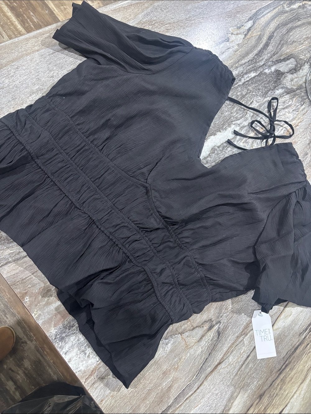 Time and Tru Black V-Neck Peplum Blouse with Puff Sleeves